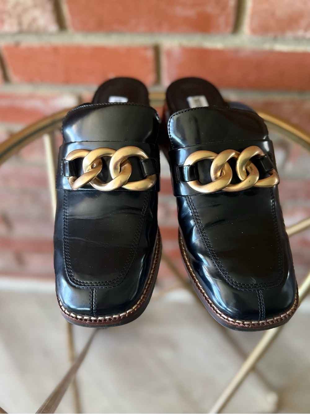 Steve Madden Black Patent Slip-On Loafers with Chunky Gold Chain